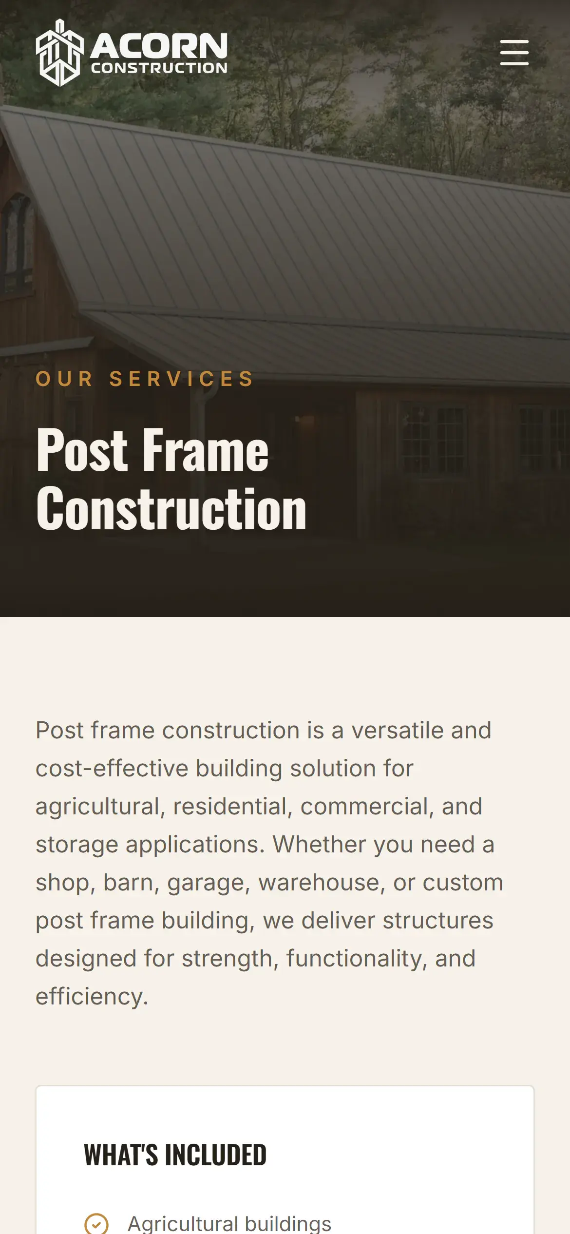 Acorn Construction post frame construction service page on mobile