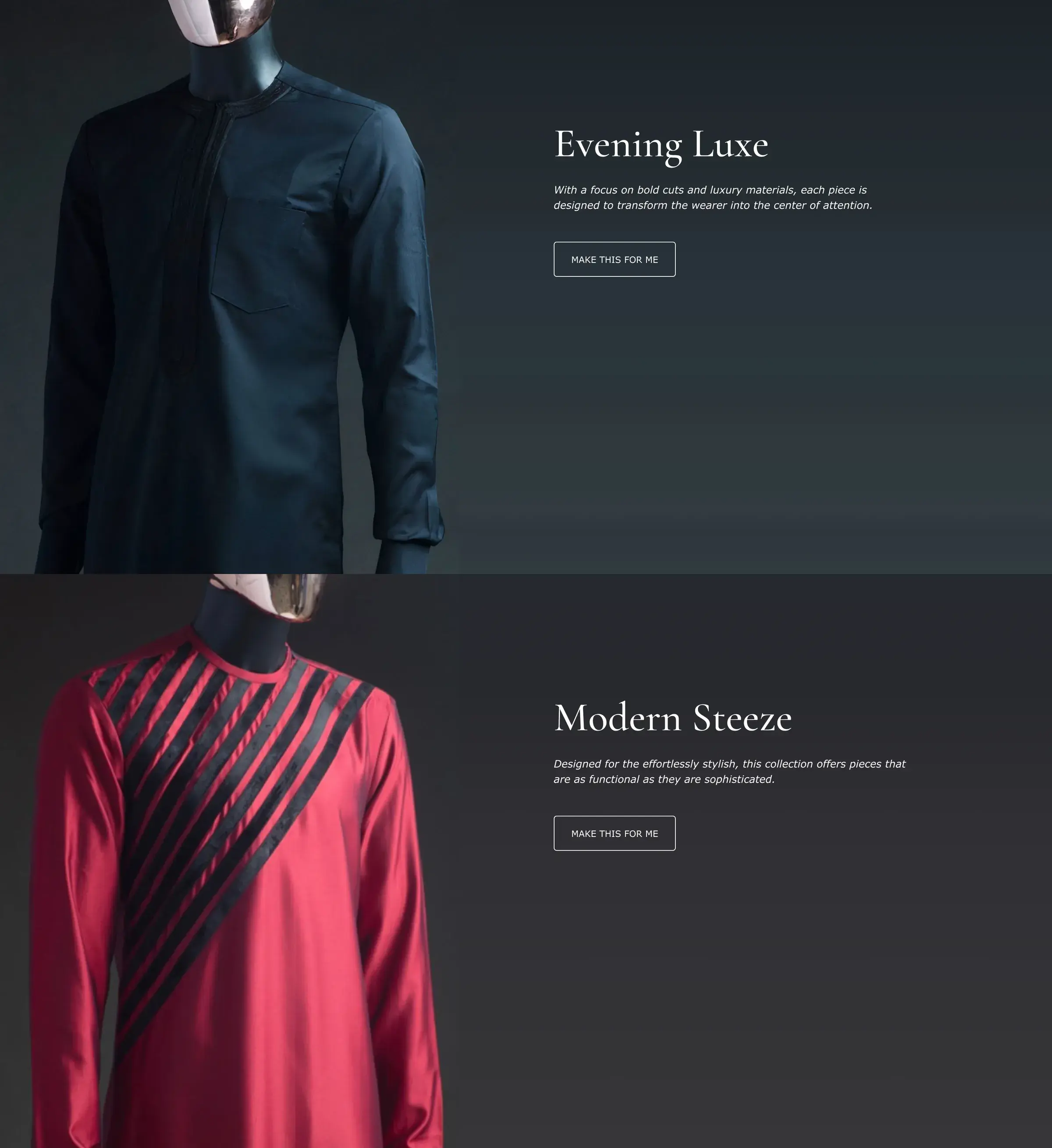 Aramanda homepage collection features, Evening Luxe and Modern Steeze, on desktop