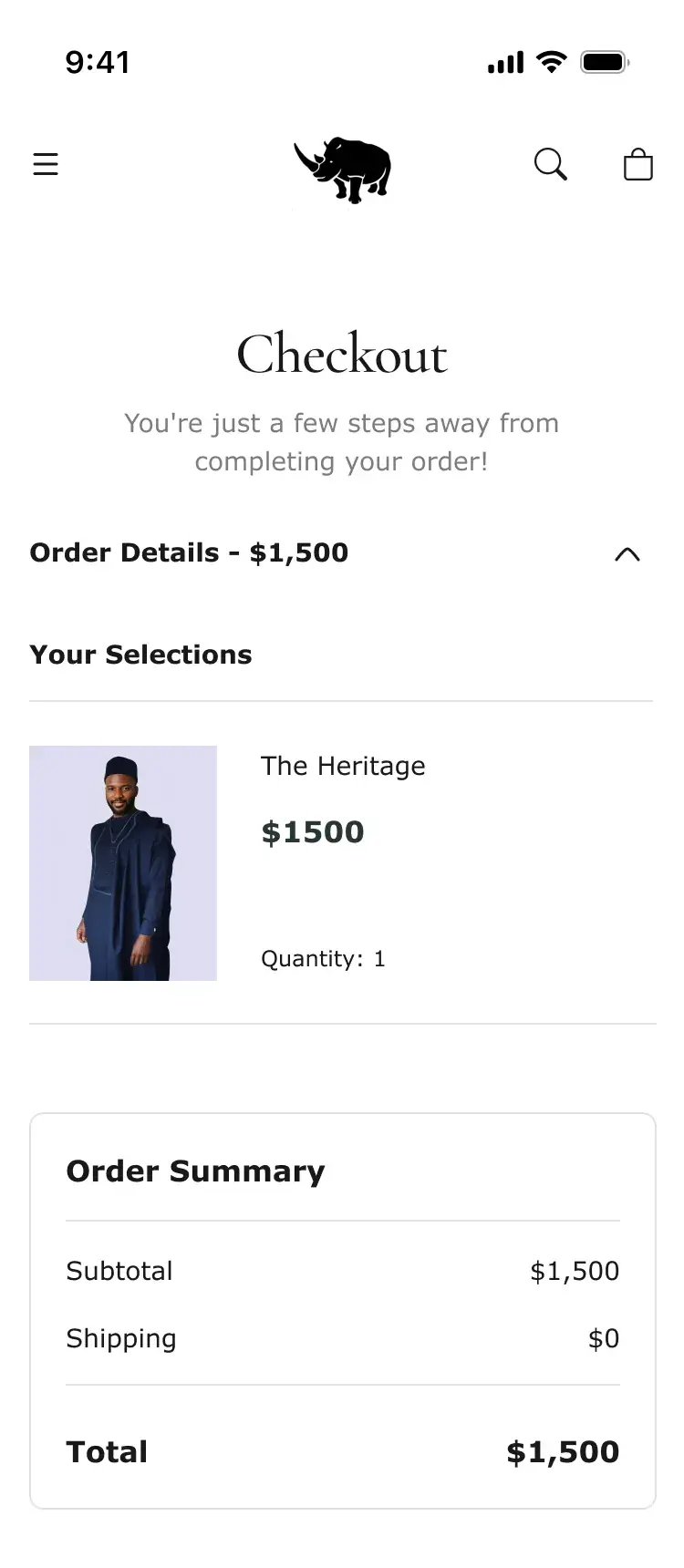 Aramanda checkout on mobile, showing the order summary
